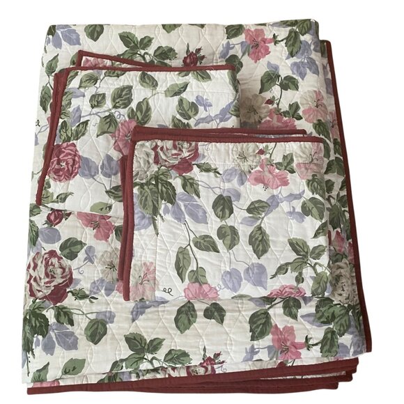 Martha Stewart Floral King Quilt 2 Shams Cotton Red Multi-Color Roses Reversible - Picture 1 of 7